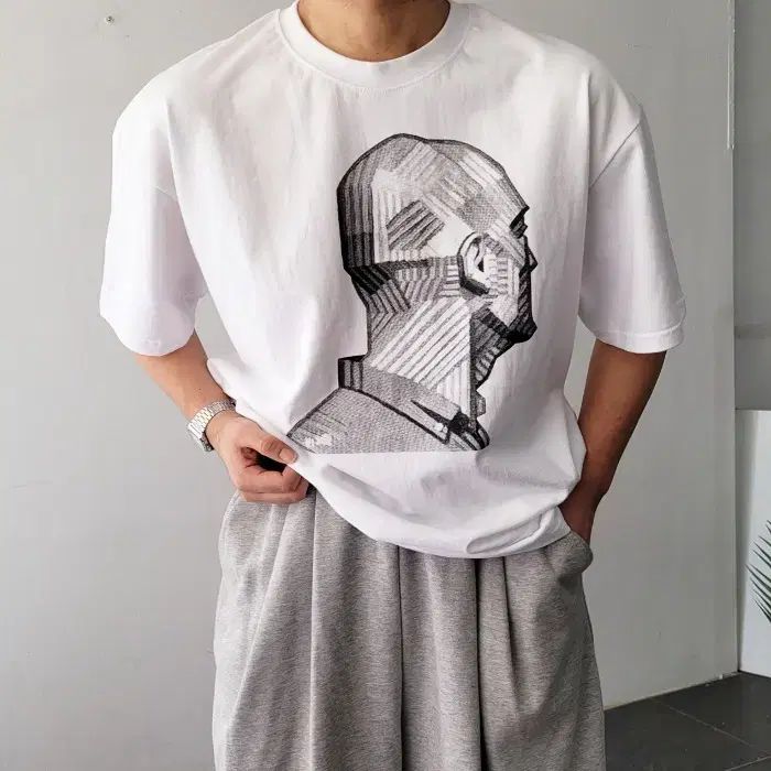 メンズ 夏 ヘッド イラスト プリント オーバーサイズ 半袖 Tシャツ 3 カラー