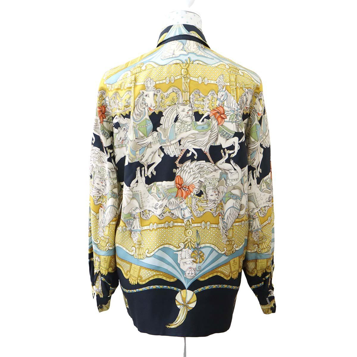 HERMES シルク100% ベルトデザイン タイ付きブラウス Hロゴ ホース柄