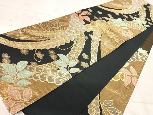 豪華♡金銀糸　金通し　正絹　袋帯　吉祥色紙重ね 袋帯 名品 祥園 落款 宝尽くし 鳥 金糸 箔 銀色 お太鼓柄 正絹