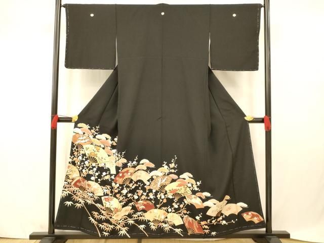 平和屋着物□豪華黒留袖 駒刺繍 枝花扇子文 金彩 正絹 逸品