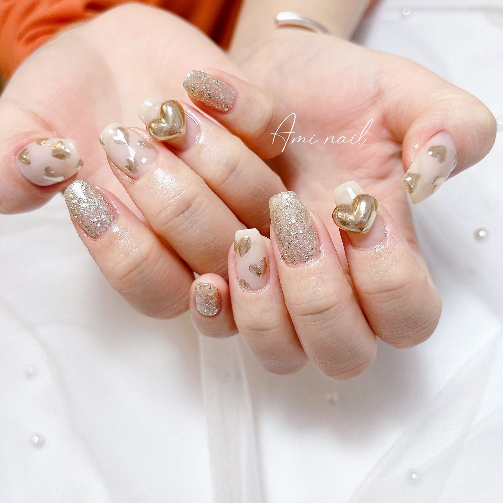 ネイルチップ＊ぷっくりハート ゴールド シャンパンゴールド ホワイト  