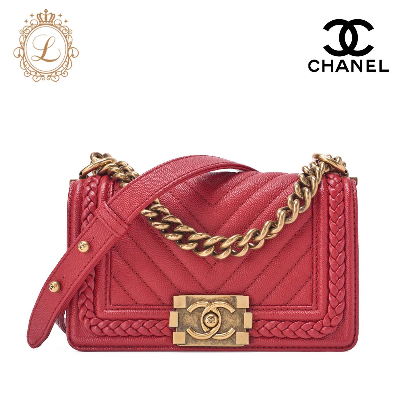 CHANEL シャネル ボーイシャネル Vステッチ チェーンショルダー キャビアスキン 赤 ゴールド金具 レディースショルダーバッグ ハイブランド 送料無料