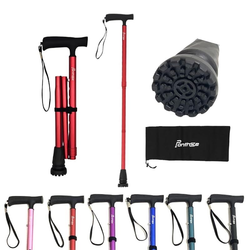 ポンツェ 杖 折り畳み 全地形型 軽量 男女兼用 8段階調節 ﾌﾞﾗｯｸ ｸﾞﾘｰﾝ ﾚｯﾄﾞ ﾋﾟﾝｸ ﾊﾟｰﾌﾟﾙ ﾌﾞﾙｰ (レッド)