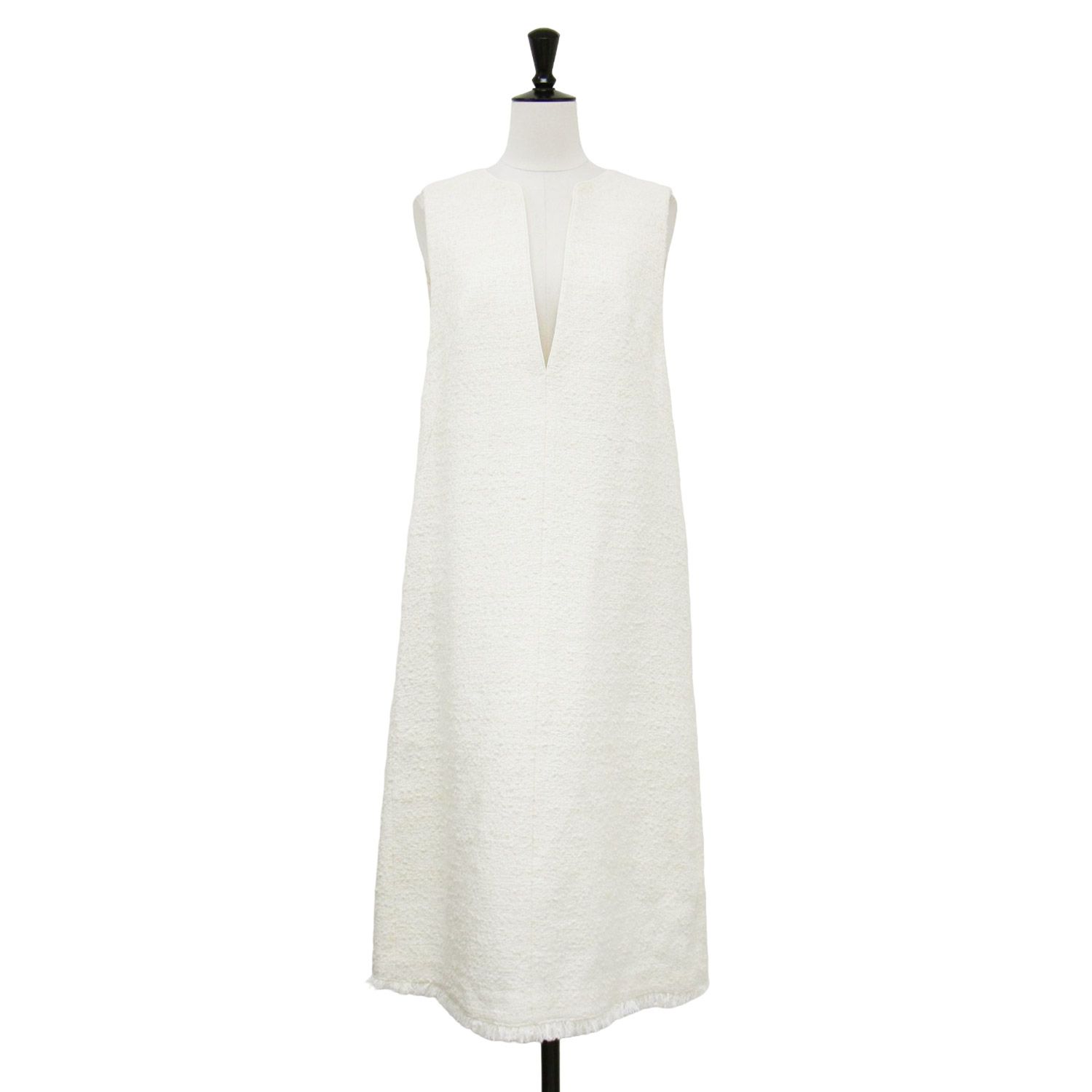ANAYI アナイ ワンピース ホワイト 白 サイズ 38 M | 22秋冬 スラブツィード ジャンパースカート | ワンピース | ミディ丈 Vネック ノースリーブ フリンジ Iライン ウール コットン | 日本製 レディース