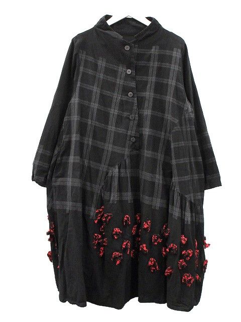 ジウ 慈雨 センソユニコ 変形 ワンピース チュニック ジャガード チェック 40 ブラック 黒 グレー系 コットン 綿