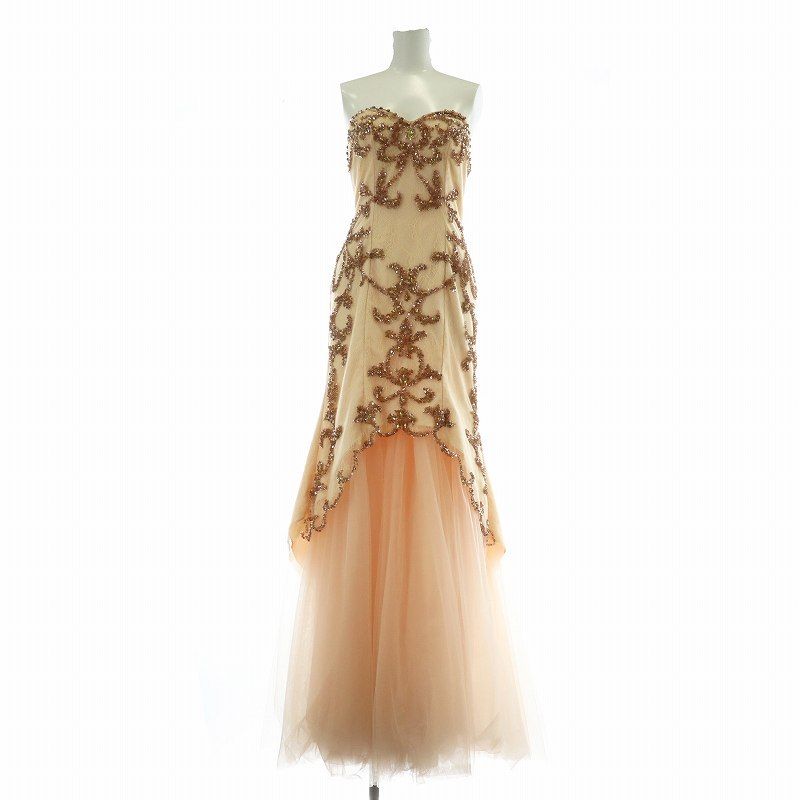 リュクススタイル Luxe Style ドレス ロング ベアトップ フ レースアップ スパンコール メッシュレース サイドファスナー M ピンクベージュ PN |MW GY99