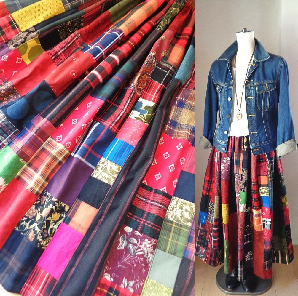 絵画なパッチワーク 大人のチェック＆フラワー ボリュームギャザースカート マキシ丈