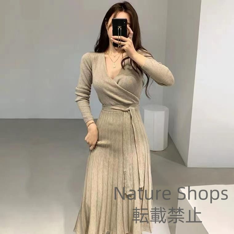ニット ワンピース ニットワンピース カシュクール プリーツ プリーツワンピース 長袖 厚手 ひざ下丈 ロング丈 ミモレ丈 秋 冬 お呼ばれ オフィス dpcp44