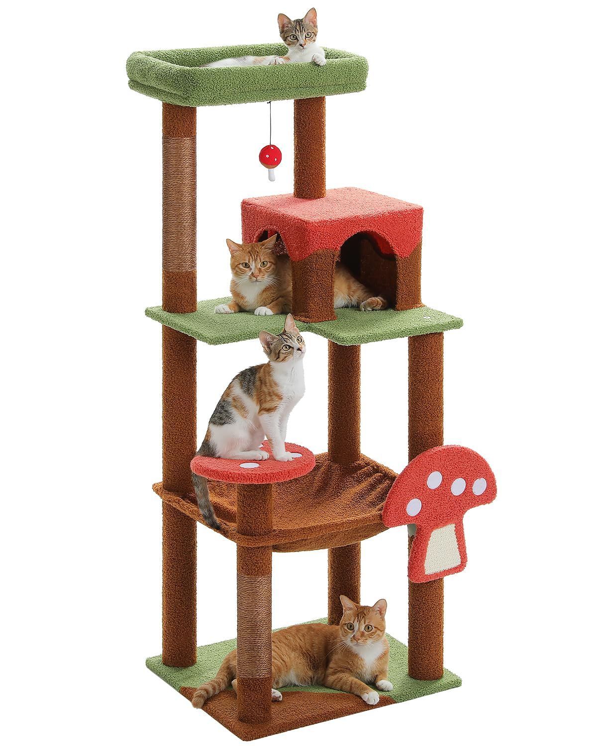 省スペース 登りやすい ハンモック キノコ 見晴台 多頭飼い ねこハウス ボンボン 据え置き 天然麻紐 猫タワー 爪とぎ 運動不足解消 大型猫用 かわいい スリム 組み立て簡単 - キャットタワー ブラウン PETEPELA ぺテぺラ 高さ143cm