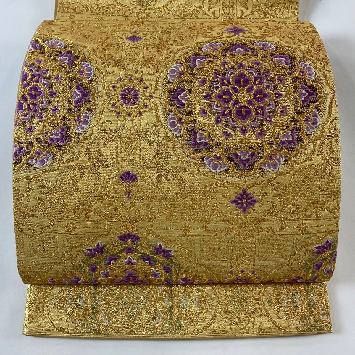 袋帯 美品 逸品 じゅらく 落款 帝王紫 華文 草花 金糸 箔 金色