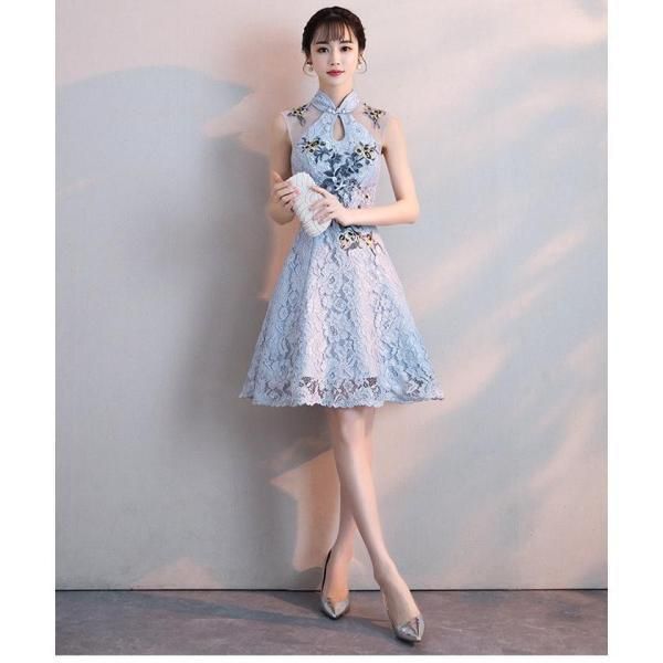パーティードレス 結婚式 ドレス 袖なし 卒業式 大人 ドレス ミディアム丈ドレス 可愛い チャイナドレス フレアAライン ドレス パーティー お呼ばれドレス パーティードレス 結婚式 ドレス 袖なし 卒業式 大人 ドレス