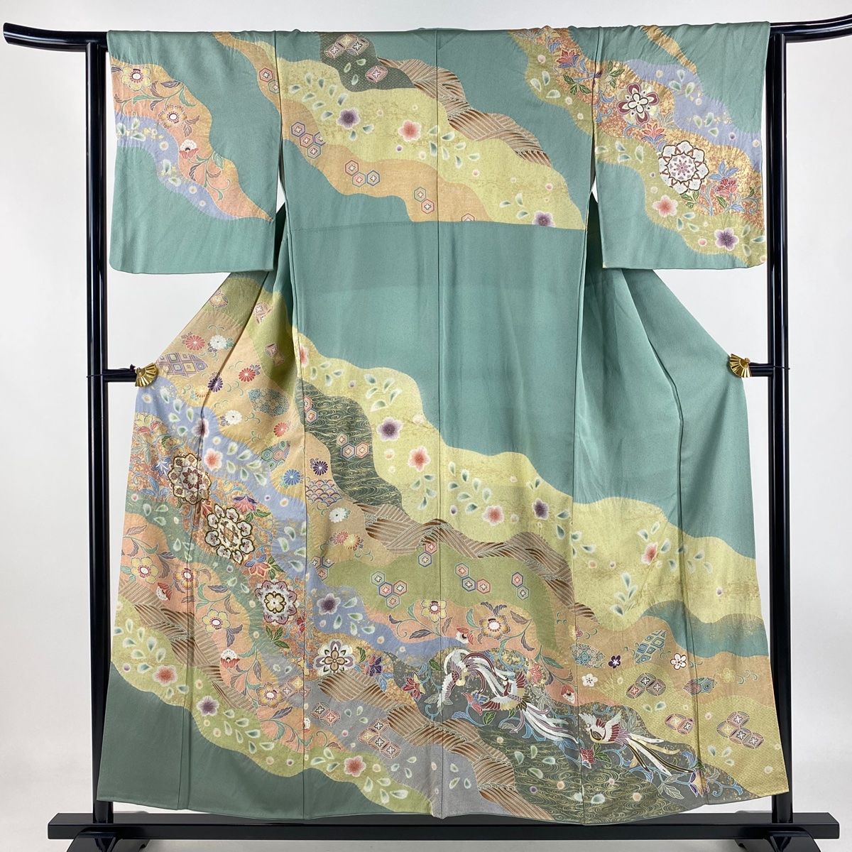 訪問着 身丈153.5cm 裄丈62.5cm S 袷 華文 花唐草 金彩 絞り 薄緑 正絹 名品