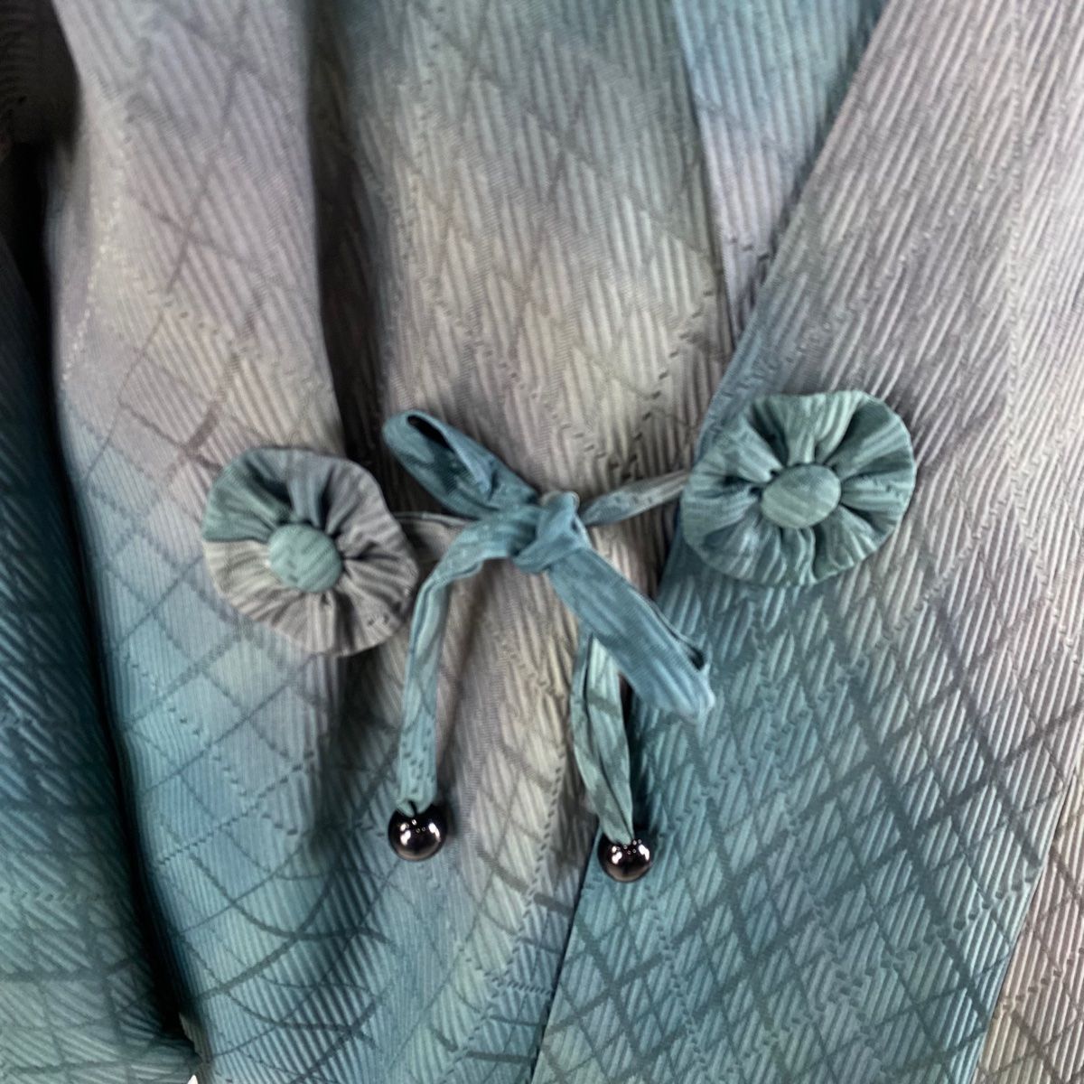 道中着 身丈90.5cm 裄丈61cm S 和装コート 地紋 ぼかし 灰緑 正絹 美品  