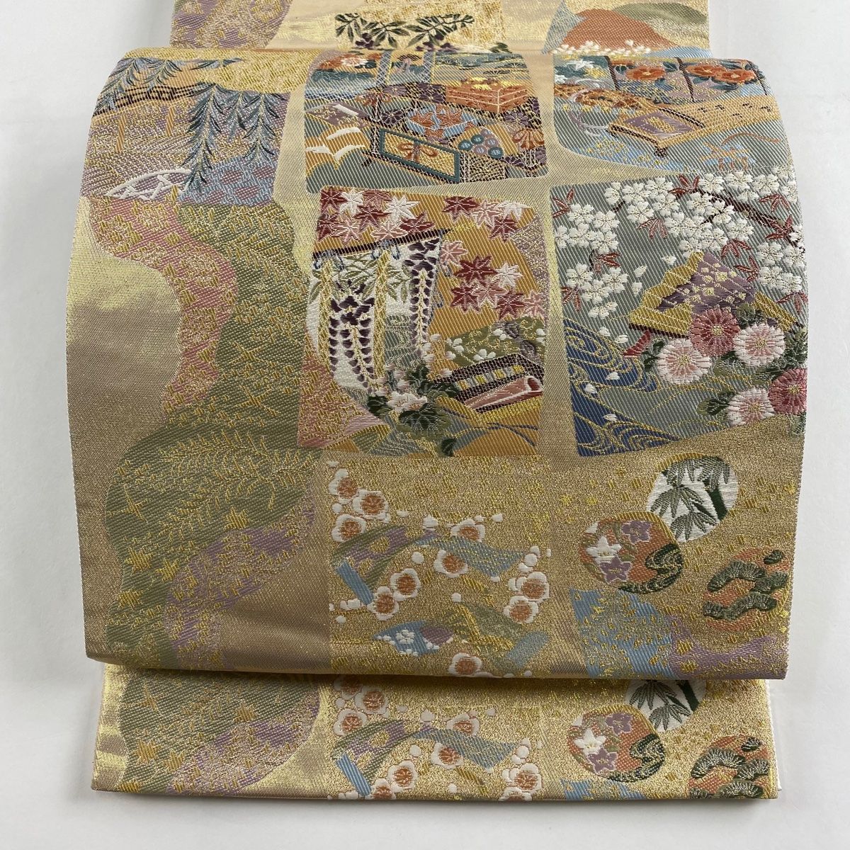 袋帯 秀品 誰が袖 草花 箔 金糸 ベージュ 六通 正絹