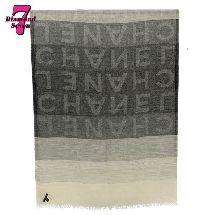 CHANEL シャネル ストール スカーフ 薄手 大判 ロゴ グラデーション 白 ホワイト グレー カシミヤ シルク ⓪