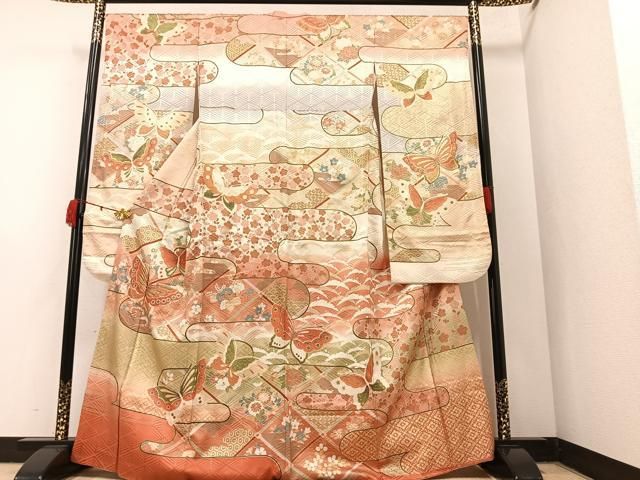 豪華振袖　駒刺繍　流水舞鳥文　暈し染め　金彩　着丈168cm　正絹　逸品 平和屋着物▽豪華振袖 駒刺繍 舞蝶文 暈し染め 金彩 正絹 逸品