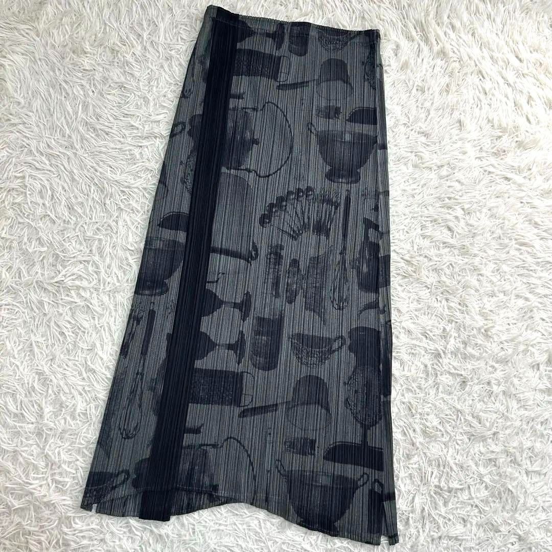PLEATS PLEASE 食器柄 転写 ロングスカート グレー 5