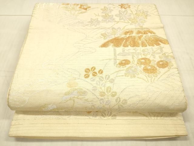 平和屋着物＊夏物 アンティーク 大正ロマン 六通柄袋帯 風景草花文 金銀糸 正絹 DAAX5933cm