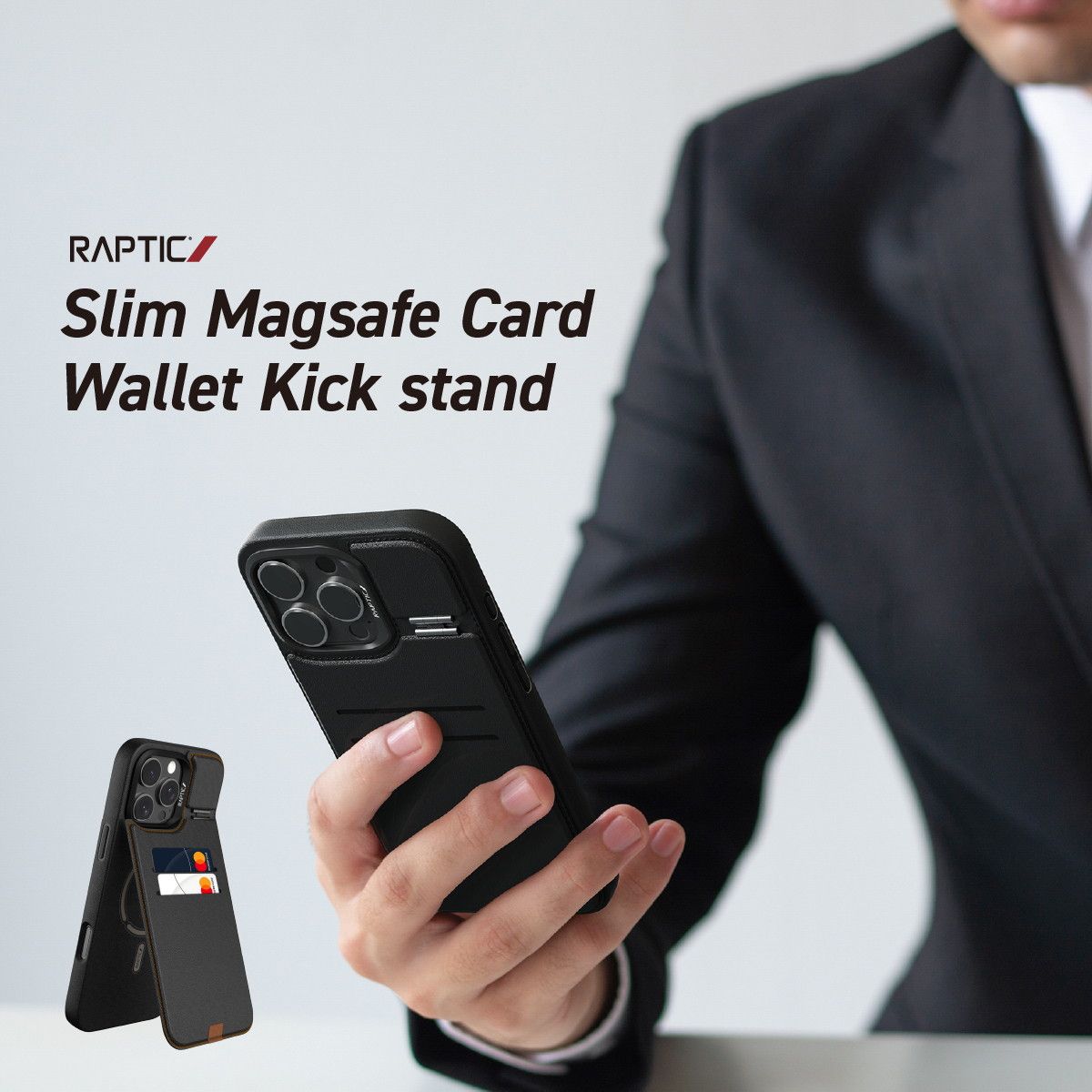 iPhone 16 Pro ケース MagSafe対応 カード 収納 レザー スタンド 付き マグセーフ スマホケース iPhone16Pro 対応 RAPTIC Slim Magsafe Card Wallet Kickstand
