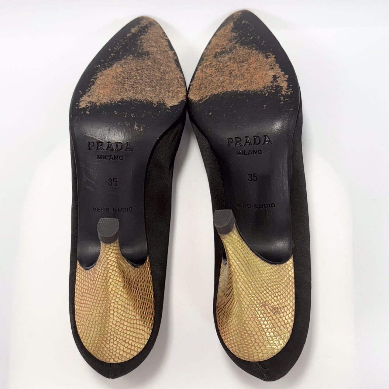 プラダ PRADA 極美品 シルクサテン パンプス ブラック×ゴールド