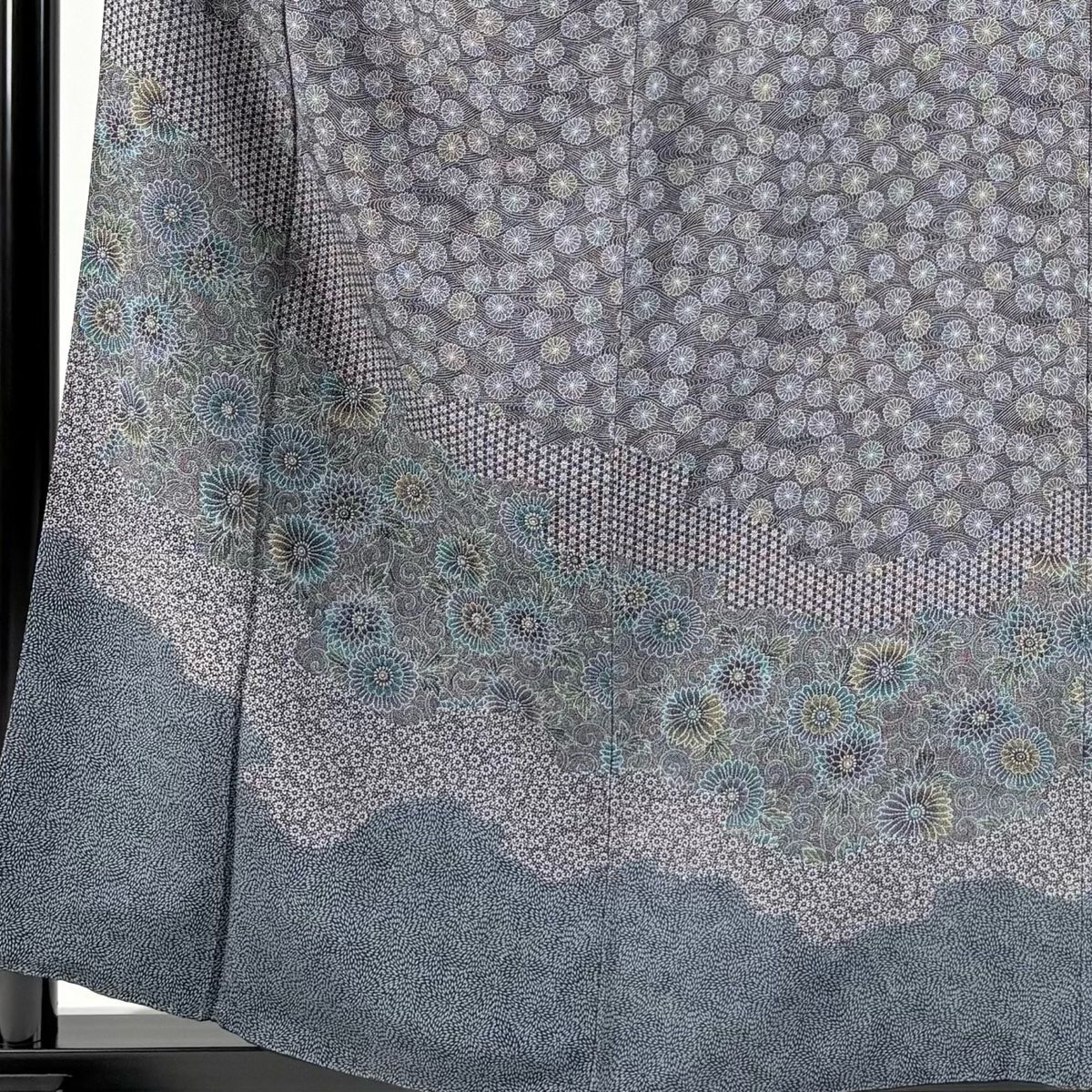 訪問着 身丈160cm 裄丈63cm S 袷 細合俊男 落款 菊唐草 江戸小紋柄 墨色 正絹 秀品