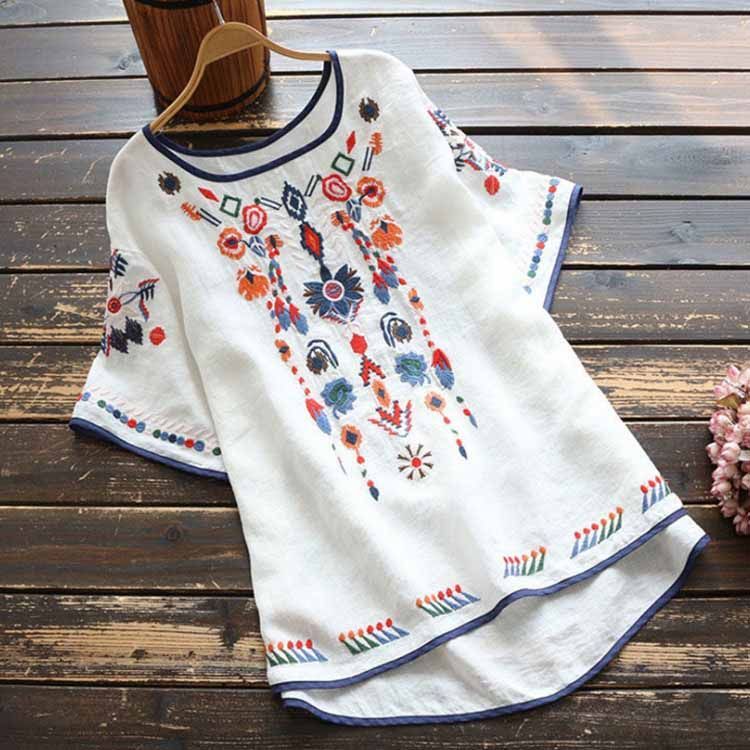 送料無料】刺繍 ブラウス チュニック Tシャツ トップス 花柄刺繍