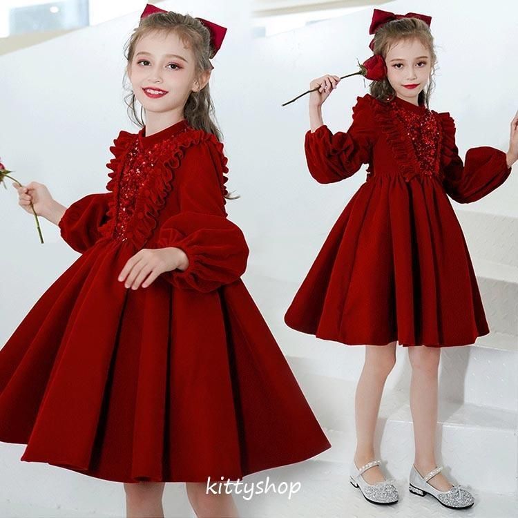 子供ドレス ベロア ベルベット ショート丈 女児ドレス 赤 黒 緑 子供服 ワンピース 女の子 フォーマル 入学式 卒業式 パフスリーブ スパンコール