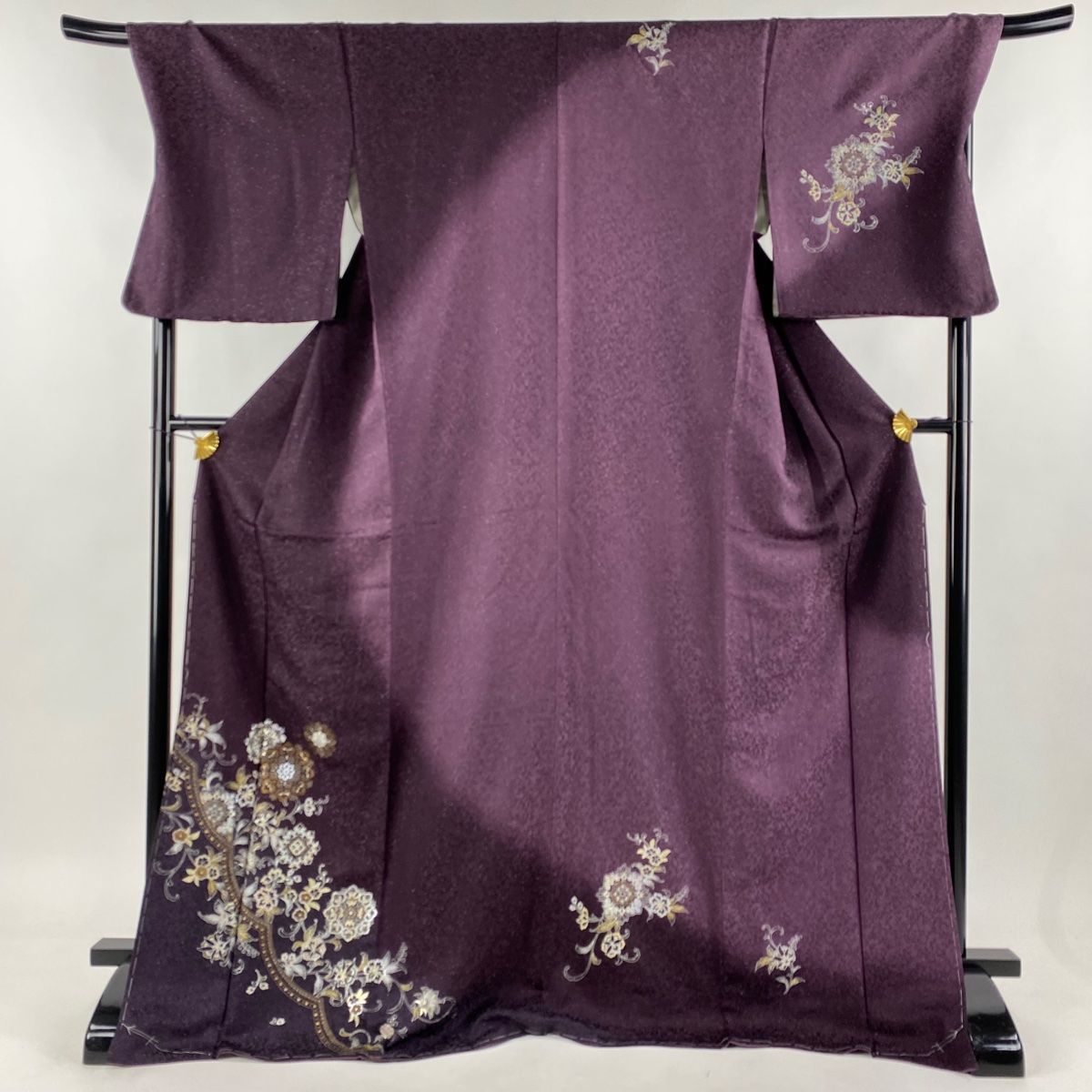 付下げ 身丈174.5cm 裄丈72cm L 袷 華文 花唐草 銀通し ラメ 紫 正絹