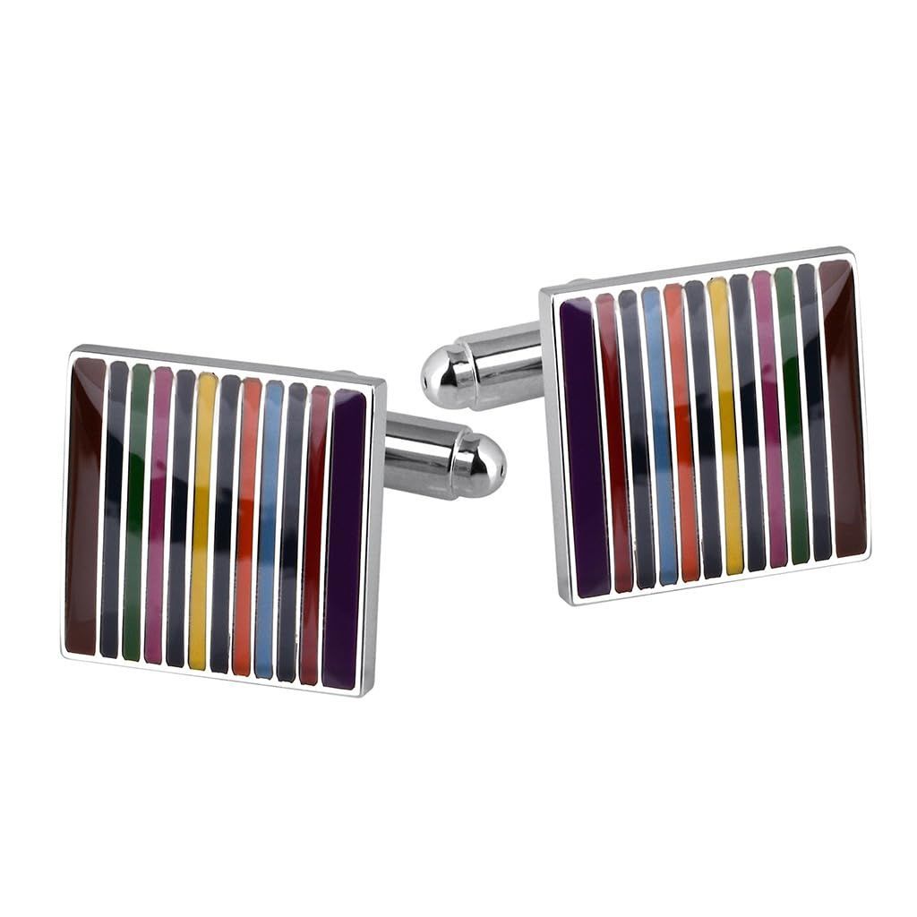 【新着商品】エナメル 四角形 シルバー ストライプ ビジネス シンプル 多色 スーツ メンズ アクセサリー カフスボタン 17mm