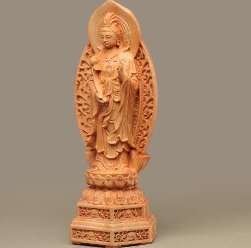 崖柏木彫り仏像家座敷玄関にバックライト付き観音置物を奉納20cm