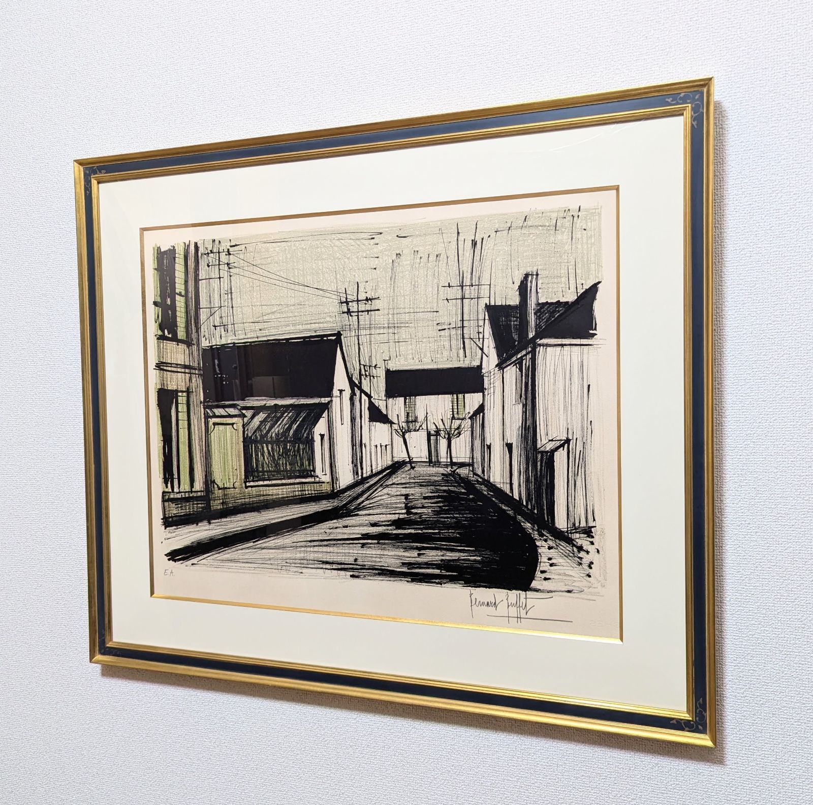 【真作】【直筆サイン】ベルナール・ビュッフェ「ブリュリアン通り」【額付】 真作】【直筆サイン】ベルナール・ビュッフェ「ブリュリアン通り
