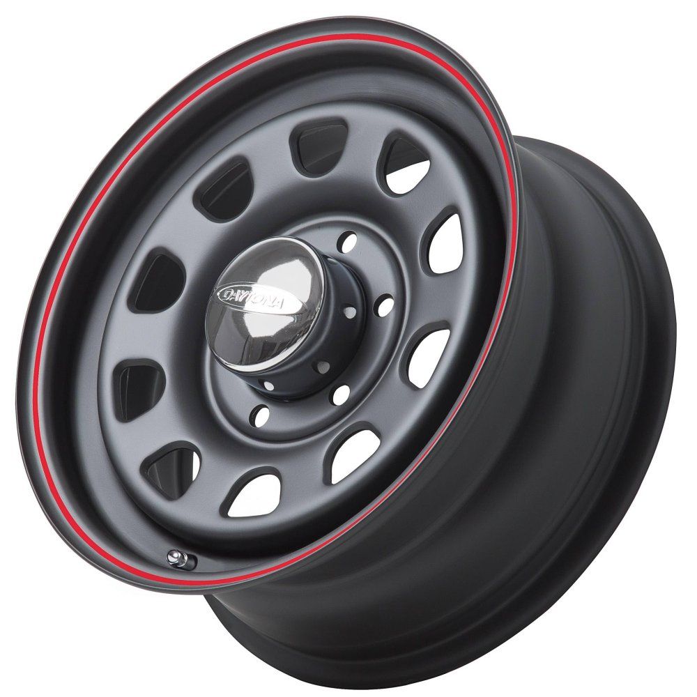 ハイエース 16インチホイールセット デイトナ 16-6.5 38 マットブラック レッドリングONLY メッキキャップ付 高強度スチール製4本セット DressUpClub特注色