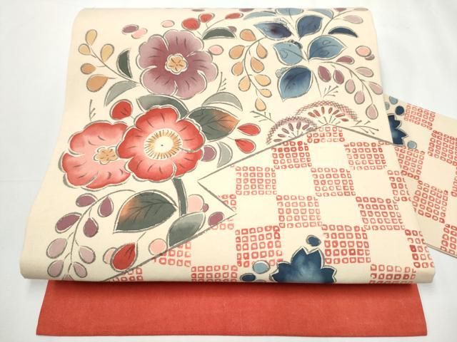 平和屋着物●九寸名古屋帯　型染め　辻が花　綿　逸品　CAAY9631hy 平和屋着物○九寸名古屋帯 型染め 辻が花 綿 逸品 CAAY9631hy