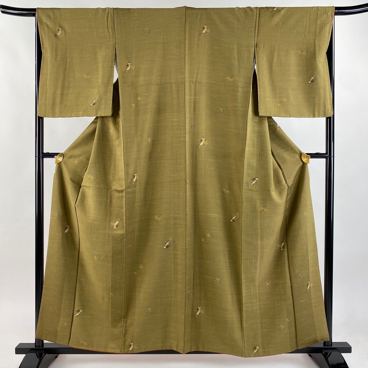 小紋 身丈157.5cm 裄丈65.5cm M 袷 ふくろう 金彩 鶯色 正絹 名品