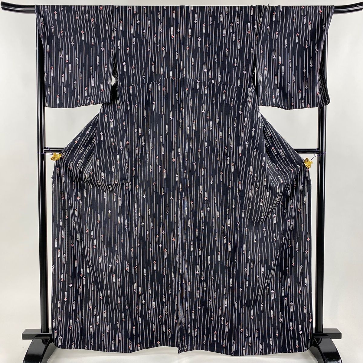 小紋 身丈166cm 裄丈68cm L 単衣 簪 墨色 正絹 秀品