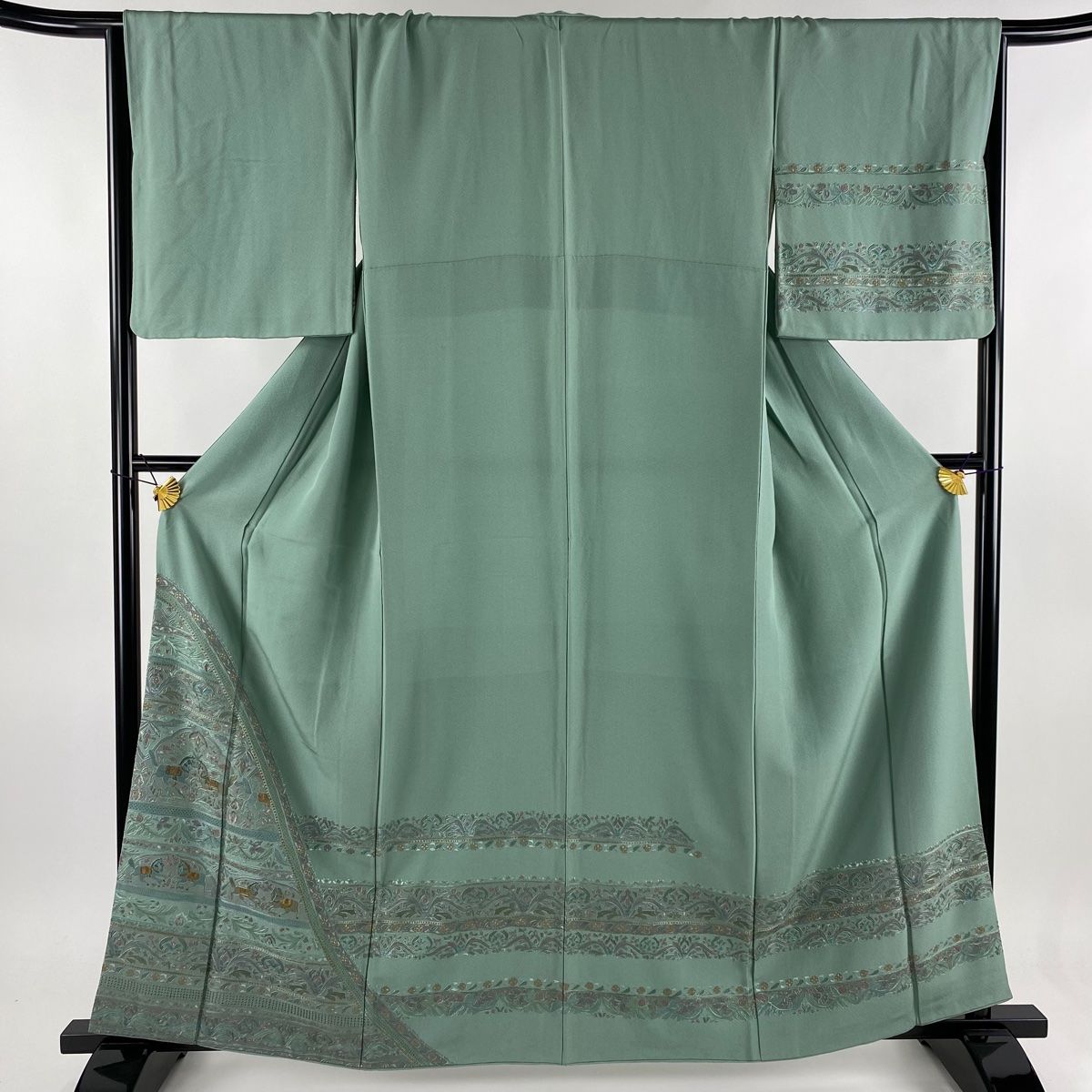 小紋 身丈159cm 裄丈61cm S 袷 網干 草花 薄茶色 正絹 秀品 【中古】 