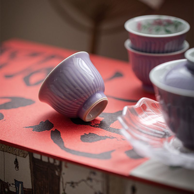 中国茶器 ムクゲの紫色手描き桜茶カップ 中国茶器 陶磁 台湾茶器 中国茶