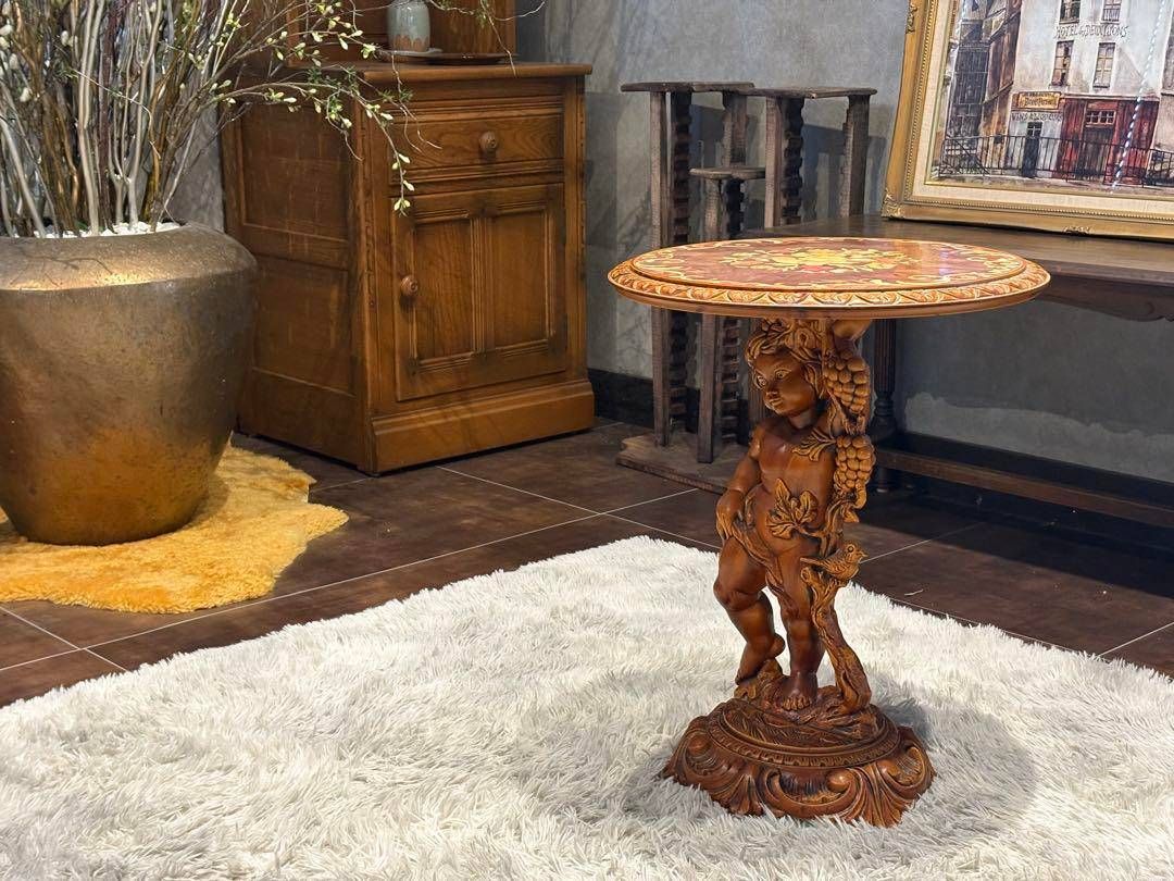 ヨーロピアン クラシック 木彫 丸テーブル ラウンドテーブル アンティーク YZ