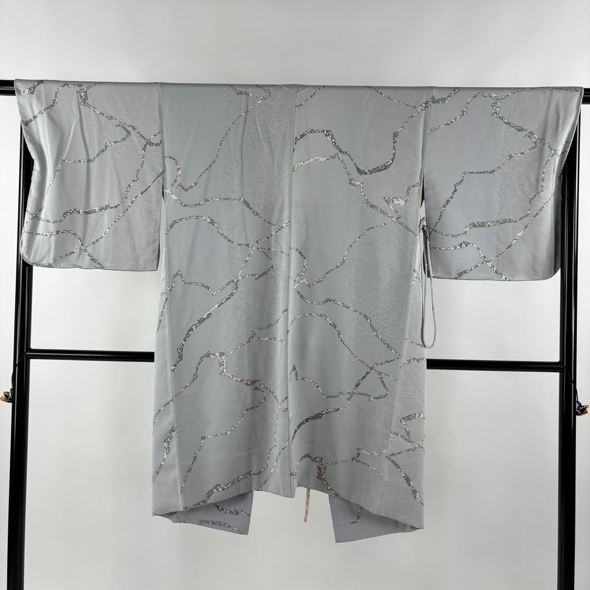 道中着 身丈101cm 裄丈66.5cm M 和装コート 着物衿 幾何学模様 青灰色 正絹