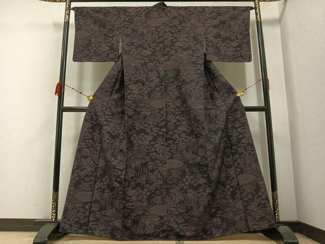 平和屋着物 結城紬 80亀甲 風景草木文 正絹 AABB4395ph