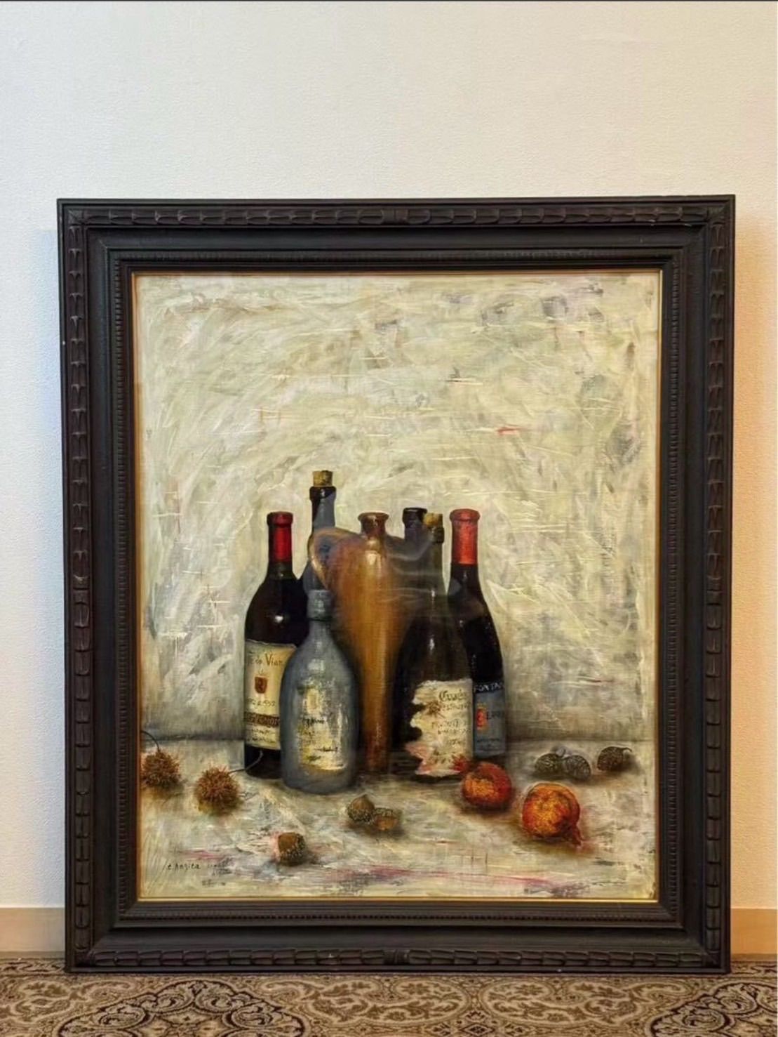 明示的な 萩田剛由 酒と木の実 油彩 静物画 F20号 大作 バロック カラヴァッジオ彷彿 旺玄会会友 ファンタジックに演出する絵画空間