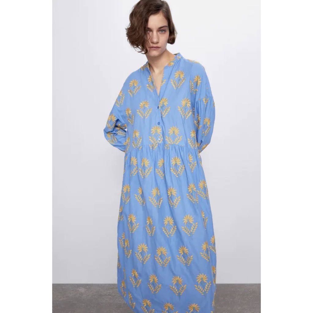 ZARA ザラ　刺繍入り　ショート　ワンピース　ブルー　青　XXL 送料込み 新品タグ付き】ZARA 花柄 刺繍 ワンピース ライト ゆったり