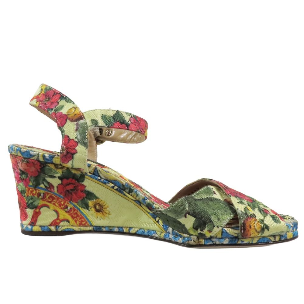 美品Dolce & Gabbana 花柄ウェッジサンダル サイズ37 Majolica-print canvas wedge sandals with gemstones in