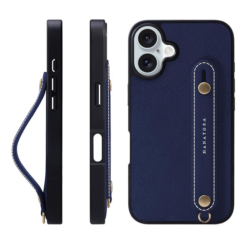 HANATORA iPhone16Plus ケース 本革 耐衝撃 背面ベルト スマホケース スマホ スタンド機能 ネック ストラップ 付き エンボスレザー ギフト マグネットなし ネイビー NGH-16Plus-Navy 0