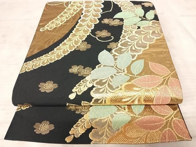 豪華♡金銀糸　金通し　正絹　袋帯　吉祥色紙重ね 袋帯 名品 祥園 落款 宝尽くし 鳥 金糸 箔 銀色 お太鼓柄 正絹