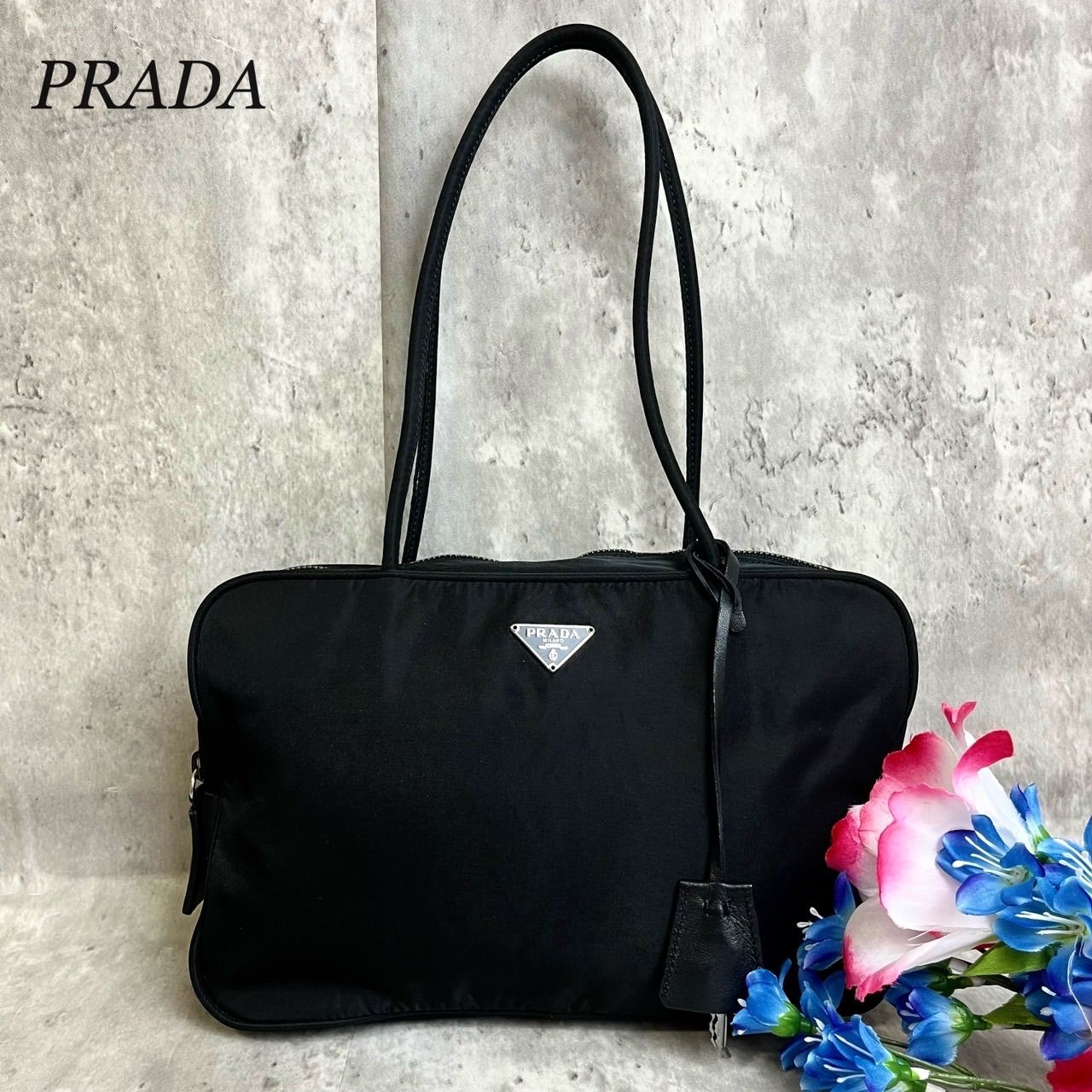 ✨良品✨ PRADA プラダ トートバッグ ハンドバッグ 三角ロゴプレート トライアングル シルバー金具 総柄 カデナ 白タグ テスートナイロン 肩掛け  レディース ブラック 黒色 - メルカリ