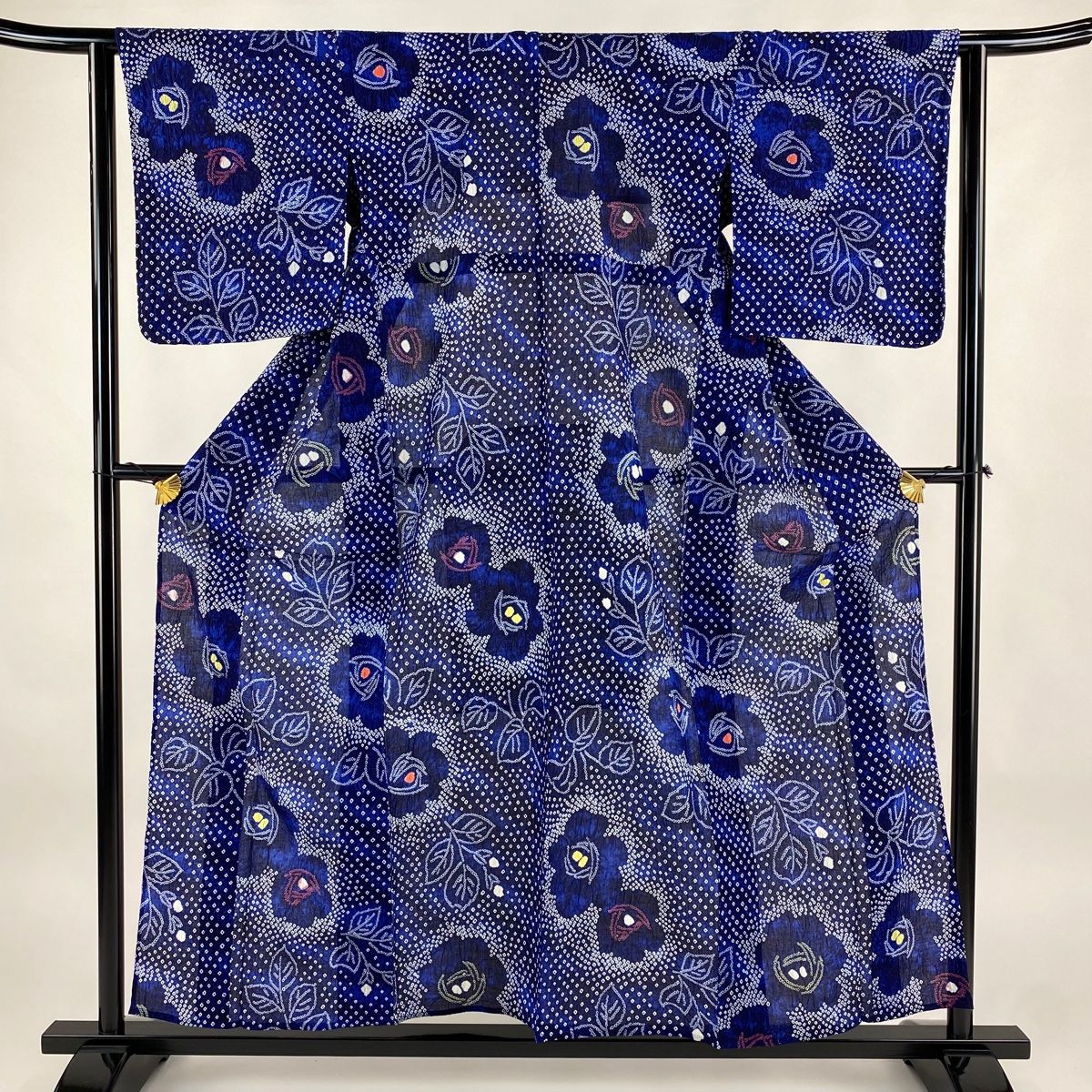 浴衣 身丈155.5cm 裄丈63.5cm S 絞り浴衣 草花 青 綿 名品