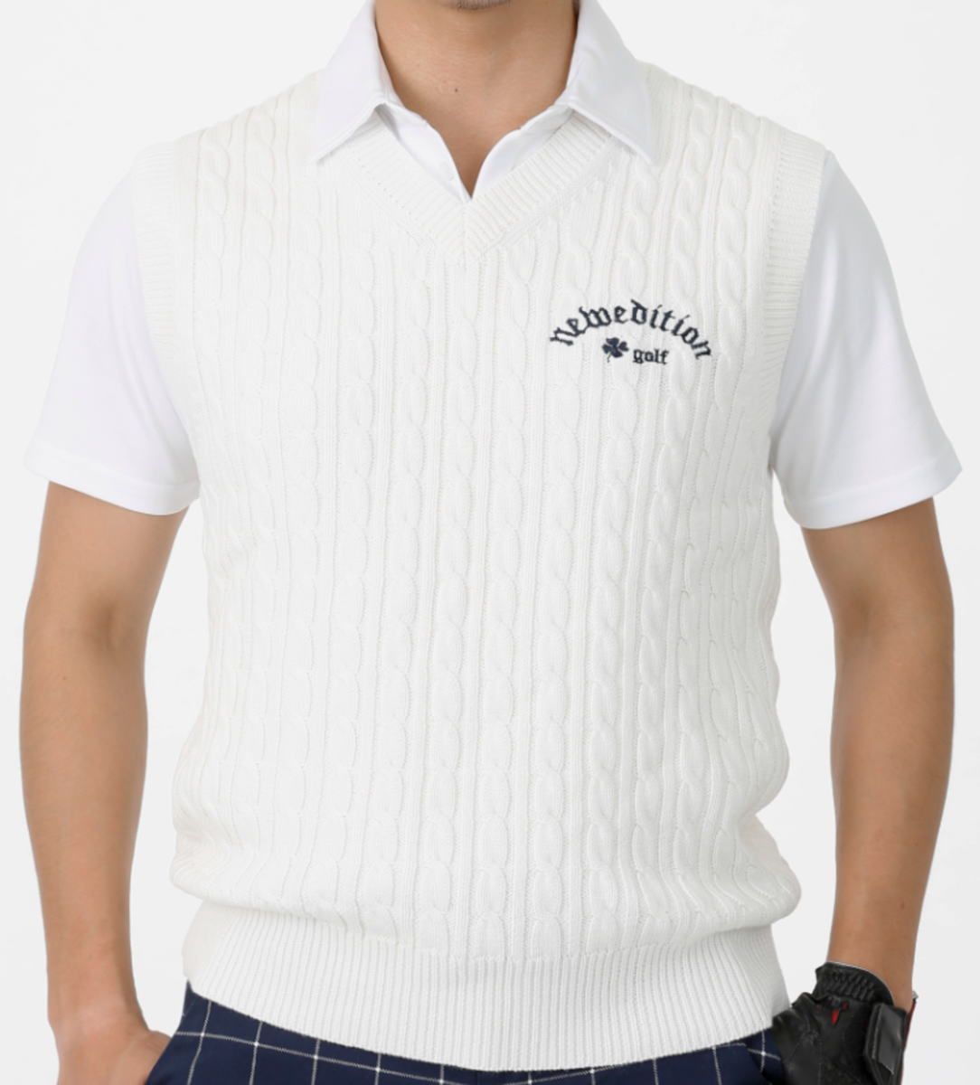【NewEdition GOLF公式】ゴルフ ベスト メンズ ゴルフウエア メンズ 春 ニューエディション・ケーブルメンズ無地 ・コットン Vネック 父の日プレゼント NEG-503（ホワイト、Mサイズ）