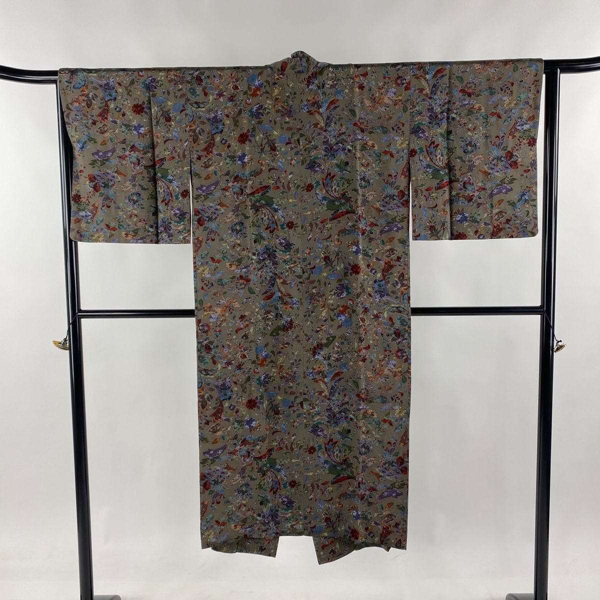 道中着 身丈131.5cm 裄丈64cm M 和装コート 草花 灰緑 正絹