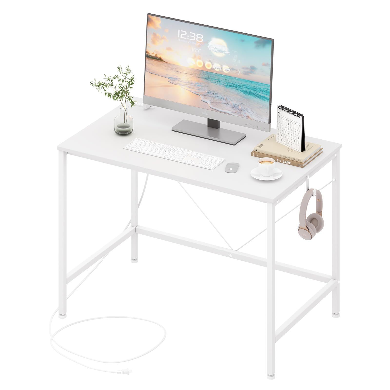 ノートパソコン用 フック付き ゲーミングデスク 在宅勤務 在宅ワーク オフィス おしゃれ コンセント付き 勉強机 組立簡単 シングルデスク PCパソコンデスク 工具不要 テレワーク 幅100奥行60高さ70cm 耐震転倒防止 ホワイト 机 ワークデ